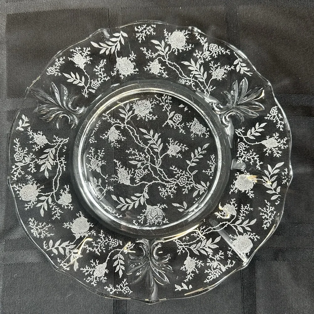 Vintage Fostoria Chintz Trio Set • Etched Glass Cup Saucer Plate • Baroque Blank